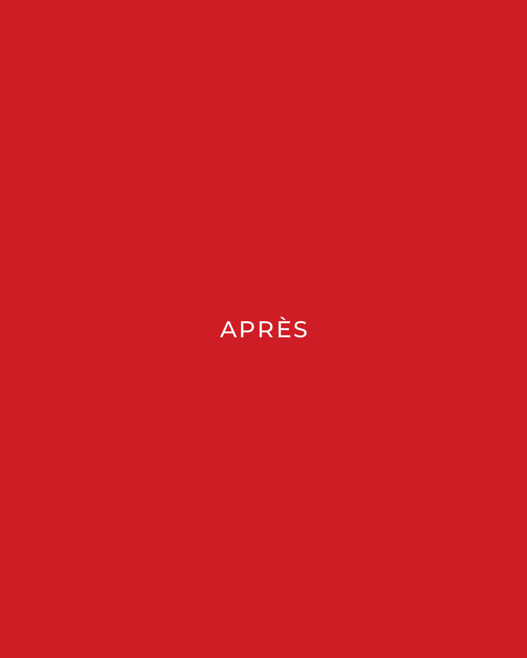 A solid red square background with the word 'APRÈS' centered in small white uppercase letters.
