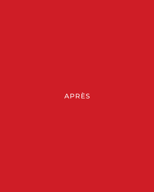 A solid red square background with the word 'APRÈS' centered in small white uppercase letters.