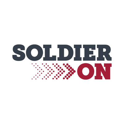 Logo of 'SOLDIER ON' with a red and blue design on a white background